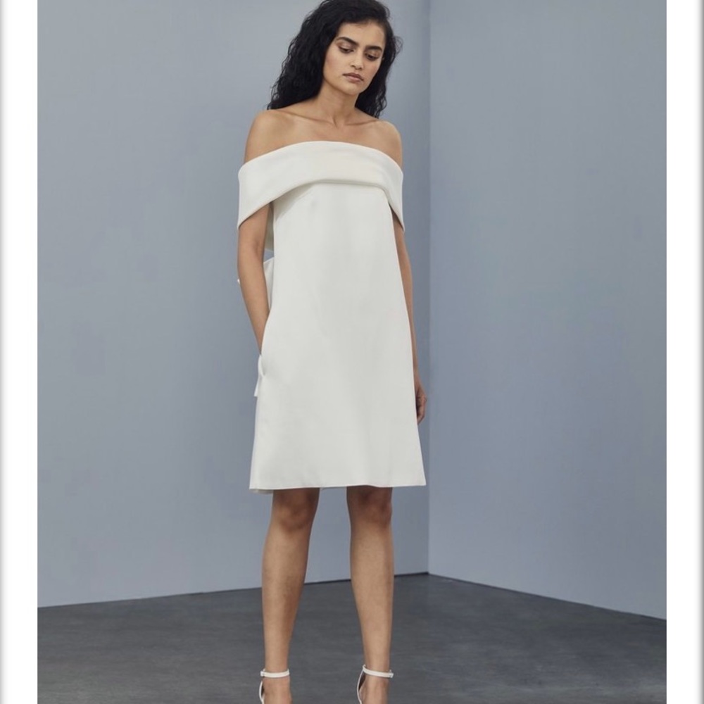 Amsale mikado off the shoulder shift dress - perfect for bridal events